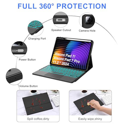 IVEOPPE Keyboard Case for Xiaomi Pad 8/8 Pro/Pad 7/7 Pro 11.2 Inch Trackpad | 7 Color Backlit, Magnetic Detachable Wireless Bluetooth Keyboard, Multi-Touch Trackpad, Stain Resistant Cover, Rechargeable - color: Black (Backlit Keyboard)