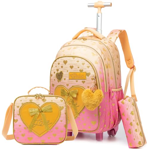 Backpack with Wheels for Kids Travel Roller Wheeled Bookbag Rolling Backpack for Girls School Elementary Student Schoolbag Kids Backpack with Lunch Box - color: Yellow