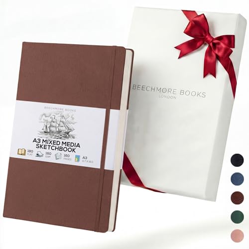 Beechmore Books A3 Mixed Media Sketchbook - 11.7x16.5 Extra Large Professional Studio Drawing Pad, 160 GSM / 98 lb Perforated Ivory Paper, Hardcover Lay-Flat Design, Gift Box for Artists & Watercolor - color: Chestnut Brown, size: A3 - 11.7" x 16.5" Extra