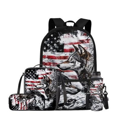 American Flag Wolf Backpack for Boys Kids Backpack with Lunch Box Water Bottle Bag and Soft Pencil Case 4PCS Set Bookbag with Front Pocket for School Teens 17 inch Large Capacity School Bag - color: American Flag Wolf