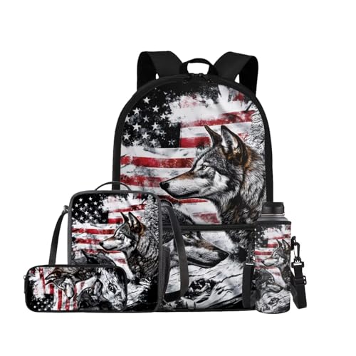 American Flag Wolf Backpack for Boys Kids Backpack with Lunch Box Water Bottle Bag and Soft Pencil Case 4PCS Set Bookbag with Front Pocket for School Teens 17 inch Large Capacity School Bag - color: American Flag Wolf