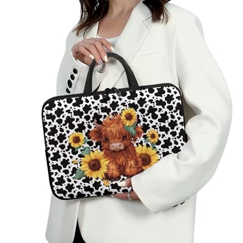 HUGS IDEA Laptop Sleeve Carrying Case for Women Computer Cover with Handle Notebook Messenger - color: Cute Cattle Cow Print, size: 17inch