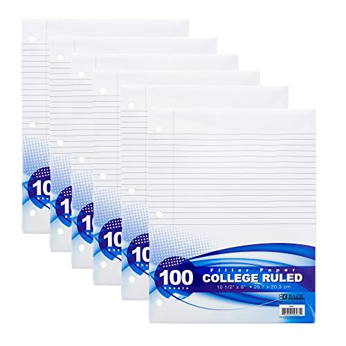 BAZIC Products College-Ruled Filler Paper, 100 Sheets, 6-Pack | 10.5 x 8 in, 3-hole punched, fit 3-ring binders, notes and homework - color: College Ruled (100 Sheets), size: 6-Pack
