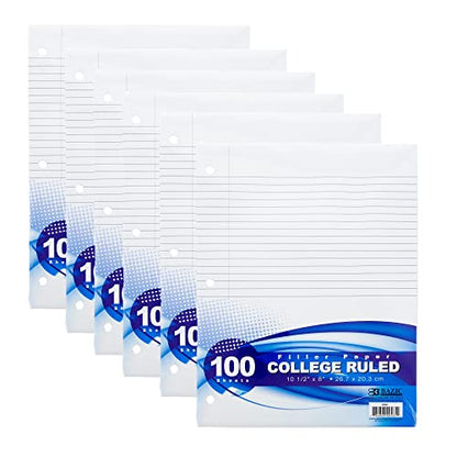 BAZIC Products College-Ruled Filler Paper, 100 Sheets, 6-Pack | 10.5 x 8 in, 3-hole punched, fit 3-ring binders, notes and homework - color: College Ruled (100 Sheets), size: 6-Pack