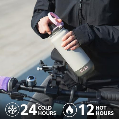 GREYLOCK 40 oz Insulated Water Bottle with Straw Lid, Leakproof Reusable Stainless Steel Vacuum Flask, 24hr Cold & Hot, Carry Handle & Silicone Spout, BPA-Free for Gym, Hiking, Travel, Grey - color: Stone Blossom, size: 40 Ounces