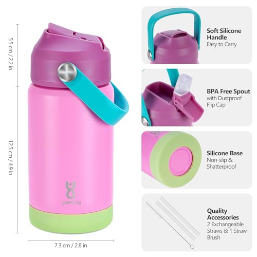 Kids Insulated Water Bottle with Straw Lid & Silicone Handle,12oz Kids Leak Proof Water Bottle for School Boys Girls,Double Wall Vacuum Stainless Steel with Non-slip Silicone Base(Pink) - color: Pink, size: 12 Ounces