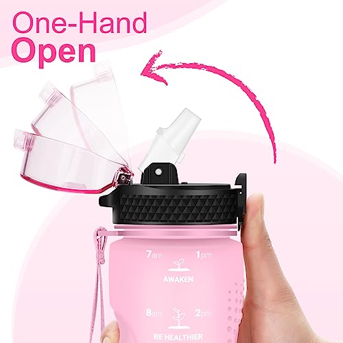 24 OZ Motivational Kids Water Bottle With Time Marker,Straw Lid,Leak Proof, Tritan BPA Free Sports Water Bottle Pink(1 Lid) - color: Pink