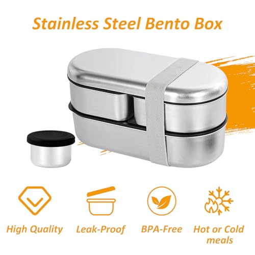 Stainless Steel Bento Box, Stackable & Leakproof Lunch Box, 3 Compartment Food Storage Containers，Microwave/Dishwasher Safe Bento Lunch Box for Work/Travel