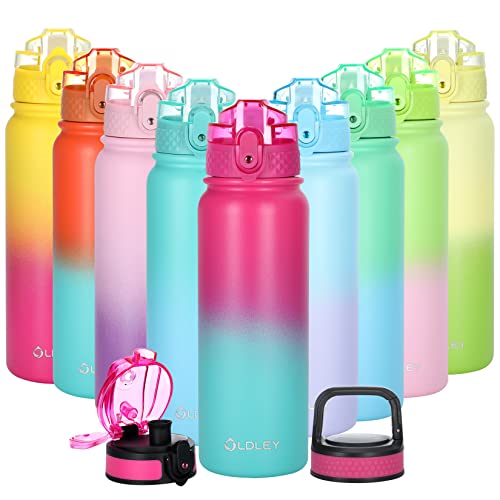 Oldley Insulated Water Bottle with Straw 20oz Stainless Steel Water Bottles with 3 lids Double-Wall Vacuum Thermal for Kids Adults School Sports, Red-Green - color: Red-Green, size: 20 Ounces