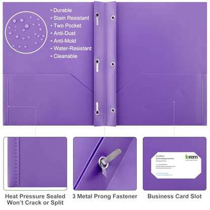 Cholemy 72 Packs Pocket Folders with Prongs Heavy Duty Plastic Folder with Business Card Slot 3 Prong Fasteners for School Office (Dark) - color: Dark