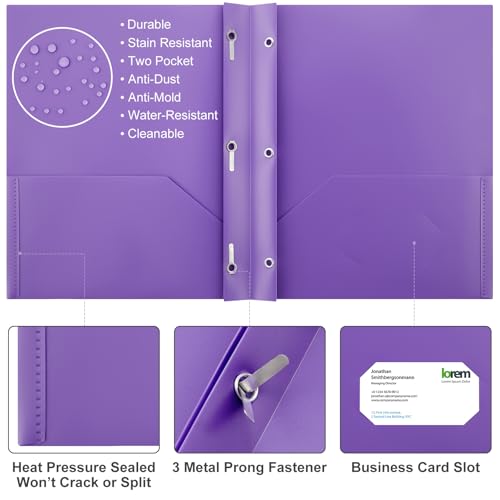 Cholemy 72 Packs Pocket Folders with Prongs Heavy Duty Plastic Folder with Business Card Slot 3 Prong Fasteners for School Office (Dark) - color: Dark