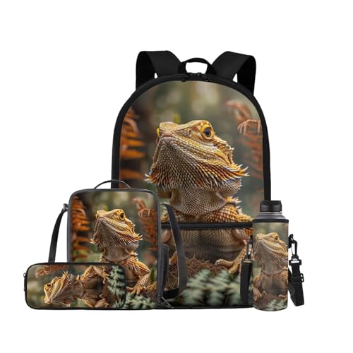 Dragon Lizard Backpack for Kids Boys Backpack with Lunch Box Water Bottle Pouch and Big Pencil Case 4PCS Set Bookbag with Front Pocket 17 inch Sturdy School Bag Kids Back to School Essentials - color: Dragon Lizard-1