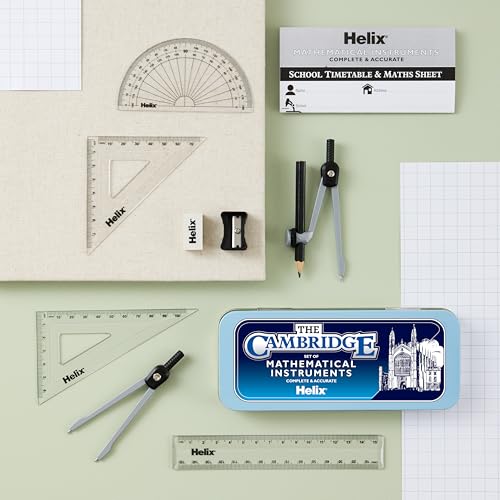 HELIX Cambridge Maths Set with Storage Tin 9 Piece Maths Equipment Set