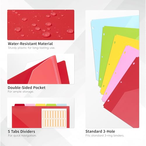 Ospelelf File Dividers with Pockets and Tabs for 3 Ring Binder, 8.5" x 11" Plastic Binder Dividers, 5 Waterproof Folders with Pockets, Multicolor - color: Multicolor