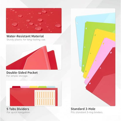 Ospelelf File Dividers with Pockets and Tabs for 3 Ring Binder, 8.5" x 11" Plastic Binder Dividers, 5 Waterproof Folders with Pockets, Multicolor - color: Multicolor