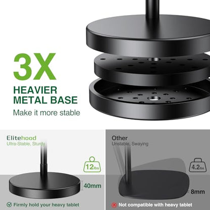 elitehood Heavy Duty Aluminum iPad Stand for Bed with Long Swivel Arm, Floor Tablet Holder for Bed Recliner Sofa, Adjustable iPad Floor Stand Holder, Fits Tablet, Kindle, iPhone and 4.7-13in Devices