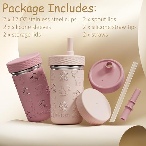 Fimibuke Toddler Cups Spill Proof, 12 OZ Sippy Cups for Kid Girl Boy, Stainless Steel Tumbler with Lid, Removable Silicone Straw & Sleeve, BPA Free Dishwasher Safe Water Bottle Snack Container 2 Pack - color: Dark Pink/Light Pink, size: 12 Ounces