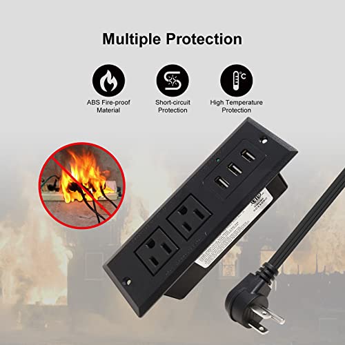 Desktop Recessed Power Strip with USB Flush Mount Power Socket 2 Outlets 3 USB Ports (15W/3A) Flat Plug Charge Station for Table Cabinet Sofa Counter - color: Black