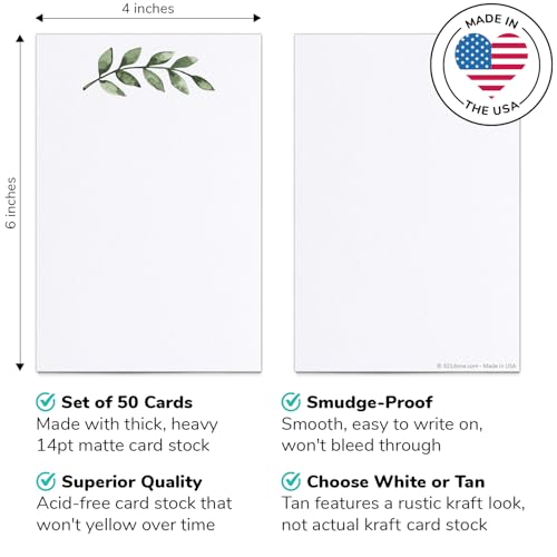 321Done Blank Note Cards, 4x6 Thick Cardstock - Greenery Leaves White Card Stock, Notecards & Stationery for Writing, Stamping, Printing - Made in USA, Set of 50 - No Envelopes - color: Greenery, White, size: 4x6, Vertical