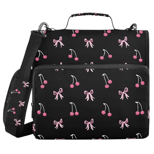 Black Pink Bow Cherry Zipper Binder Bag 3 Ring Binder with Shoulder Strap Zip Up 500 Sheets Capacity Multi Pockets for School Office Supplies - color: Multi1816, size: Fit 500 Sheets