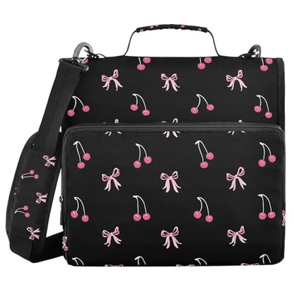 Black Pink Bow Cherry Zipper Binder Bag 3 Ring Binder with Shoulder Strap Zip Up 500 Sheets Capacity Multi Pockets for School Office Supplies - color: Multi1816, size: Fit 500 Sheets