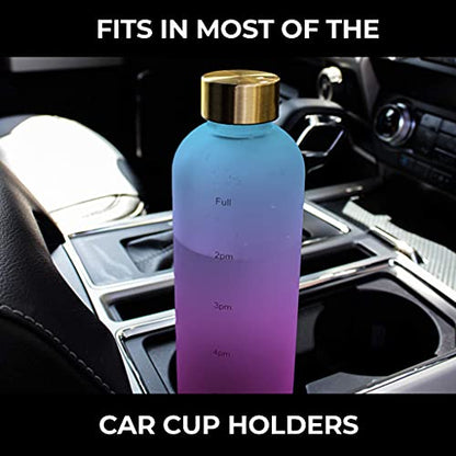 SHAPEX - Time Marked Cute Water Bottles For Women And Men With Times To Drink, BPA Free Frosted & Aesthetic Water Bottle With Time Marker, Clear Water Bottle 1 Liter | 32 Oz (Green Purple)