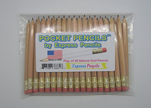 Express Pencils Natural Golf Pencils with Eraser - Half, Pew, Short, Mini, Small, Non Toxic - Hexagon, Sharpened, #2 Pencil, Color - Natural, Pkg of 36 Pocket Pencils