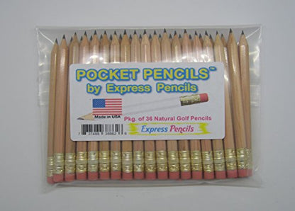 Express Pencils Natural Golf Pencils with Eraser - Half, Pew, Short, Mini, Small, Non Toxic - Hexagon, Sharpened, #2 Pencil, Color - Natural, Pkg of 36 Pocket Pencils