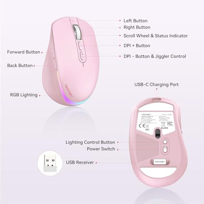 TECKNET Wireless Mouse Jiggler, Rechargeable Mouse with Built-in Mouse Mover, 6 Adjustable DPI & 14 LED Modes, Silent Click, Undetectable Random Movement Keeps Computer Awake for Laptop/PC/Mac- Pink - color: Pink