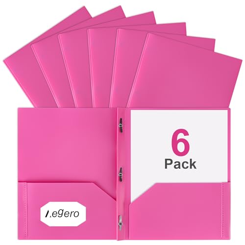 Aegero Folders with Pockets and Prong with Fasteners (6 Pack,Rose Red),Durable Plastic Pocket Folders with Prongs,Tear Resistant,2 Pocket 3 Prong Folders for Schoolwork & Office,Letter Size - color: Rose Red, size: 1 Set（6pack）