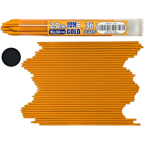 June Gold 36 Yellow (Marigold #121) Colored 2.0 mm Refills, 90 mm Length | Bold Thickness for Heavy Use, Break / Smudge Resistant Lead, Travel Carrying Tube, Pre-Sharpened - color: Yellow (Marigold #121)