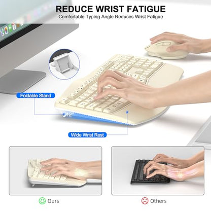Wireless Keyboard and Mouse Combo, 2.4G Ergonomic Wave Keys (Latte) | Full Size Wave Keyboard with Wrist Rest, 3-Level DPI Adjustable Ergonomic Mouse for Windows and Mac OS Desktop/Laptop/PC - color: Latte