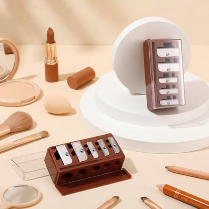 Honoson 2 Pcs 5 Hole Cosmetic Long Point Manual Pencil Sharpener with Plastic Lid Makeup Eyeliner Pencil Sharpener (Brown) - color: Brown