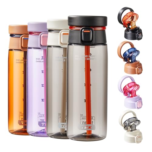 TKK Sports Water Bottle with Straw & Build-in Carrying Handle, Spill-Proof 2-in 1 Lid, 20 oz Plastic Bottles, Dishwasher Safe, Leak-Proof Locking Lid for Kids, Outdoor, School Backpack, Black - color: Black