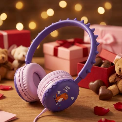 Kids Dinosaur Wired Headphones with Noise Cancelling Purple | Safe 85/94dB Volume Limit, HD Microphone for School, Soft Ear Cups, Pink Headphones for Toddlers & Teens. - color: Dinosaur Purple