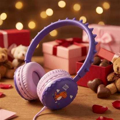 Kids Dinosaur Wired Headphones with Noise Cancelling Purple | Safe 85/94dB Volume Limit, HD Microphone for School, Soft Ear Cups, Pink Headphones for Toddlers & Teens. - color: Dinosaur Purple
