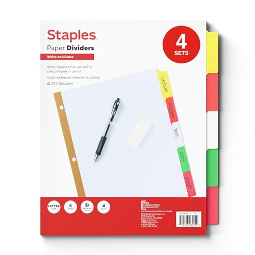 Staples Big Tab Write-On Dividers, 5-Tab, Multicolor, 4 Sets, Customizable Paper Binder Dividers - size: 5-Tab, style: Assorted Colors