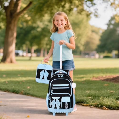 DIGOBAY Rolling Backpack for Girls, Cute Roller School Bag with Wheels, Kids Wheeled Backpacks Set with Lunch Bag Pencil Case for Teen Girls Kindergarten Elementary Middle School - color: Black-blue