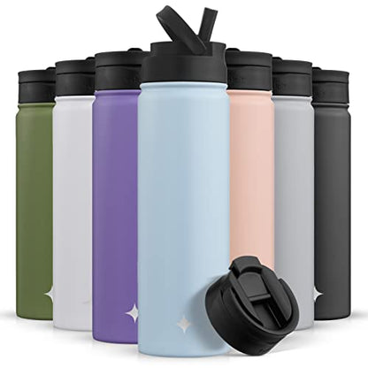 JoyJolt Triple Insulated Water Bottle with Straw Lid AND Flip Lid! 22oz Water Bottle, 12 Hour Hot/Cold Vacuum Insulated Stainless Steel Water Bottle. BPA-Free Leakproof Water Bottles - Thermos Bottle - color: Cloud Blue, size: 22 Ounces