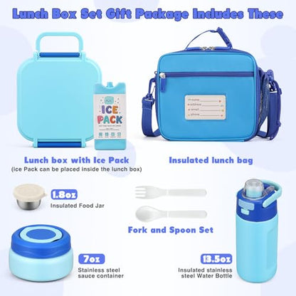 Bento Lunch Box for Kids with 7oz Soup Thermo,Insulated Stainless Steel Kids Water Bottle with Straw and Insulated Lunch Bag,Leak-Proof Lunch Food Container with Ice Pack for School(Blue) - color: Blue