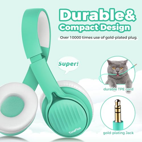 TuneFlux Upgraded Kids Headphones, Wired Toddler Headsets, 85dB Limited Volume On Ear Headphones, Portable Foldable Design, Stereo Sound Kids Headsets for School/Tablet/Travel-Green - color: Green