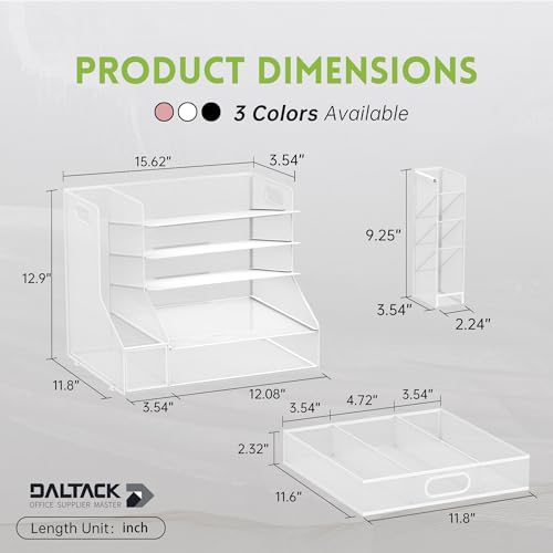5-Tier Desk Organizer with File Holder & Pen Holder & Sliding Drawer, White | Mesh Metal Paper Letter Tray for Papers, Mail, Office Supplies, and Desk Accessories - color: White