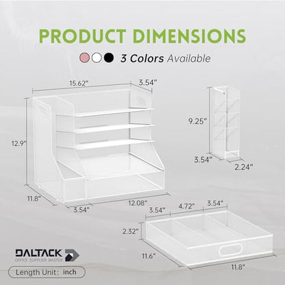 5-Tier Desk Organizer with File Holder & Pen Holder & Sliding Drawer, White | Mesh Metal Paper Letter Tray for Papers, Mail, Office Supplies, and Desk Accessories - color: White