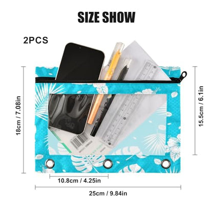 Blueangle Tropical Leaf Pencil Pouch for 3 Ring Binder, 2 Pack Clear Window Zipper Pencil Bags for Office