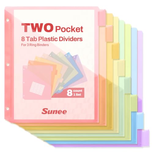SUNEE 8 Tab Dividers with Pockets, Plastic Dividers for 3 Ring Binder, Subject Dividers with 2 Pockets, Binder Dividers for School Office Home Supplies, Soft Color, 1 Set - color: 8 Soft Colors