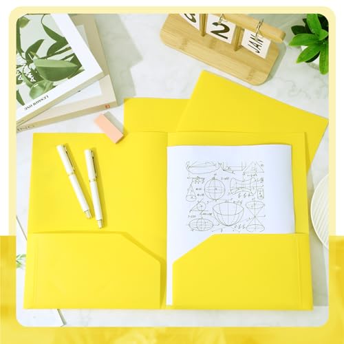 Gueevin 100 Pack Plastic Folder with Pockets, 2 Pocket Folders, Plastic Glossy Folders Fit Letter Size Paper, Heavy Duty Durable File Folder with Business Card for Home Office School (Yellow) - color: Yellow
