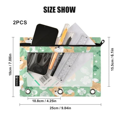 Shiba Inu Clover Dog Binder Pouch 3 Ring Clear Pouches with Zipper Pen Organizer for Office, 2 Pack - color: Multi-shiba Inu Clover Dog