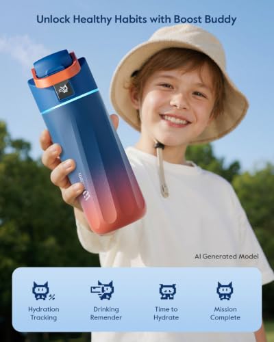 WATERH BOOST Kids Smart Water Bottle with Reminder & Tracker, 16oz | BPA-Free, Vacuum Insulated Stainless Steel, 24H Cold & 12H Hot, DIY Fridge Magnets, Rubber Base, Ideal for Travel & Camping - color: Ara Macao