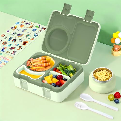 Bento Box for Kids, Leakproof Kids Bento Lunch Box Container with 8oz Insulated Thermo Food Jar, Sauce Jar, Utensil, DIY Stickers for School Boys Girls, 3-4 Compartments, BPA-Free - color: Pale Grass Green