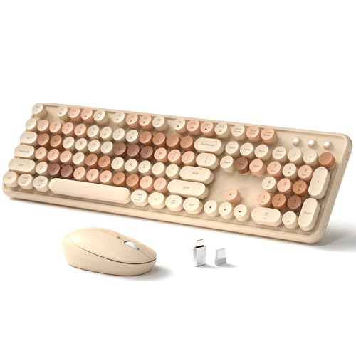 Links9+ Wireless Keyboard and Mouse, Full-Size Retro Typewriter Keyboard with Round Keycaps, 2.4GHz for Windows, Mac, Laptop, PC, Desktop (Milky Tea Colorful) - color: Milky Tea Colorful